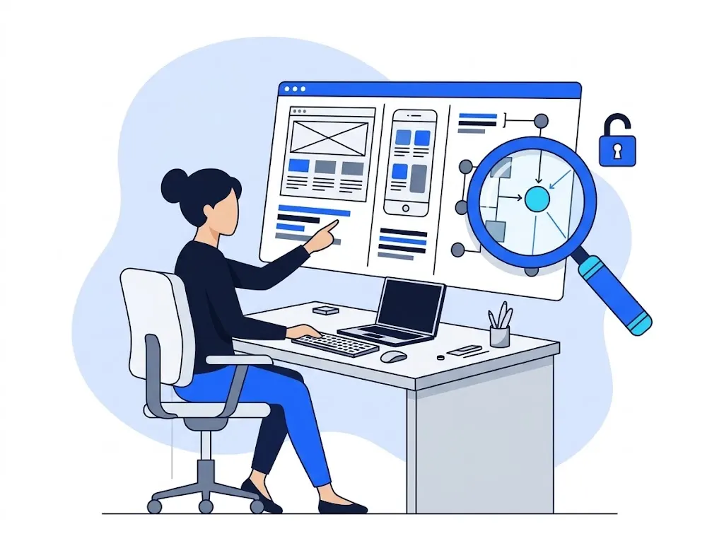 Analista de seguridad revisando con una lupa una aplicación web, una app móvil y un diagrama de arquitectura